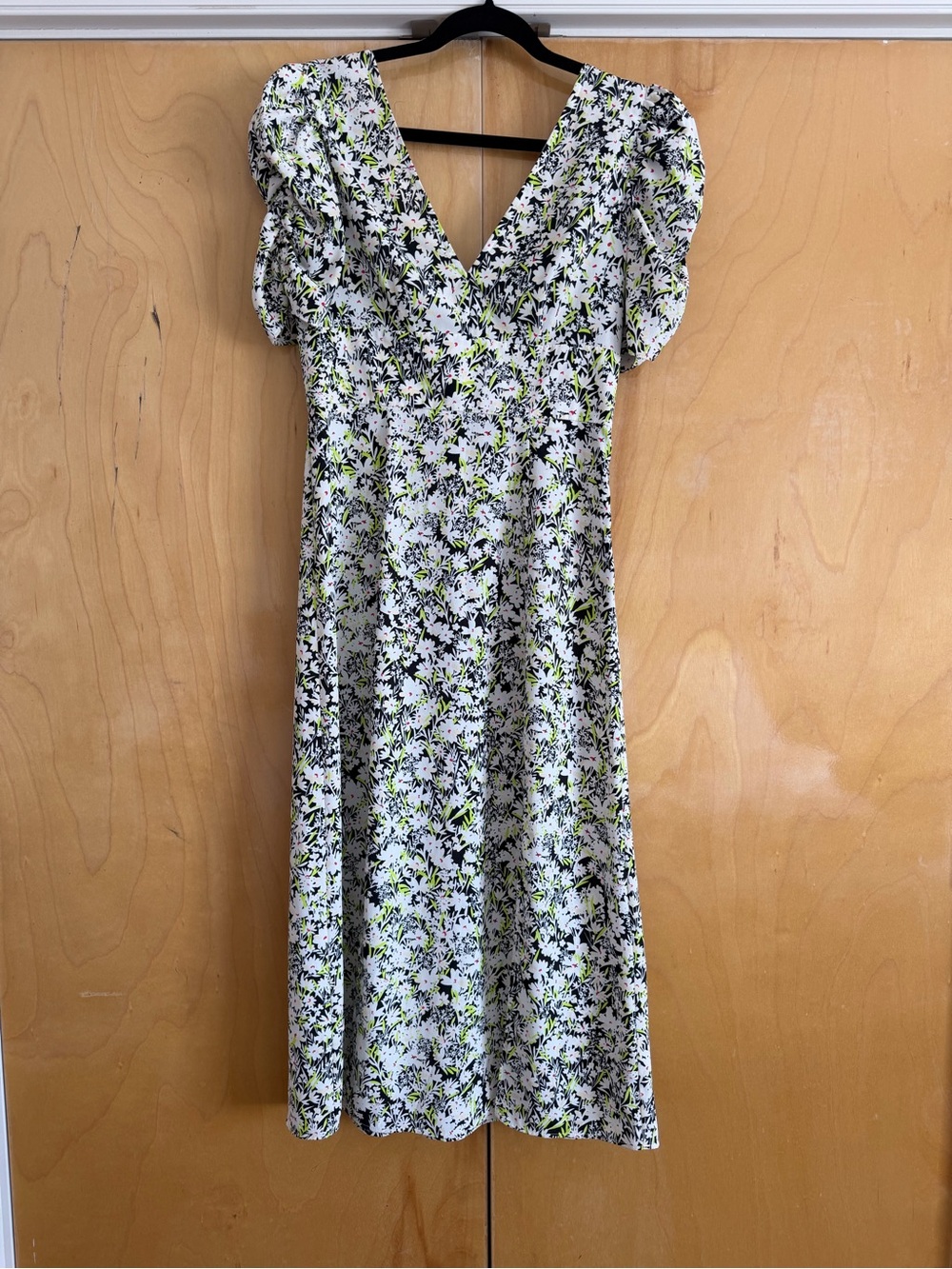 Topshop White Floral Midi Dress with Black & Lime Accents